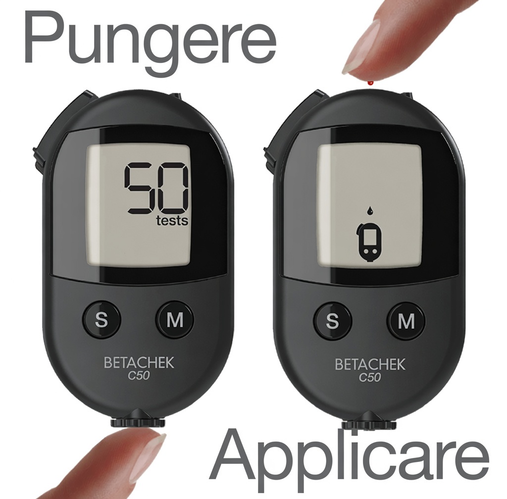 Betachek C50 — dispositivo pungidito integrato e applicazione della goccia di sangue