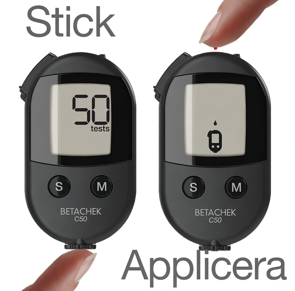 Betachek C50 — integrerad stickanordning och applicering av bloddroppe