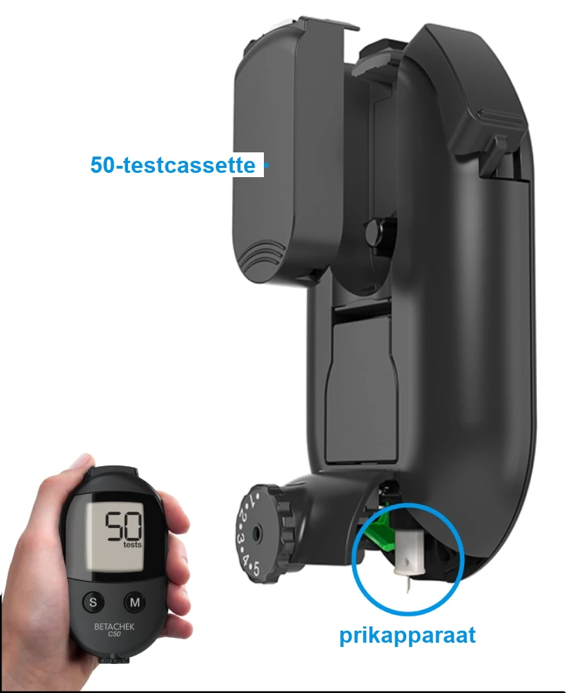 Betachek C50 alles-in-één bloedglucosemeter — 50-testcassette en prikapparaat