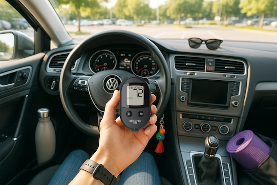 Woman testing with a Betachek C50 blood glucose meter in a car