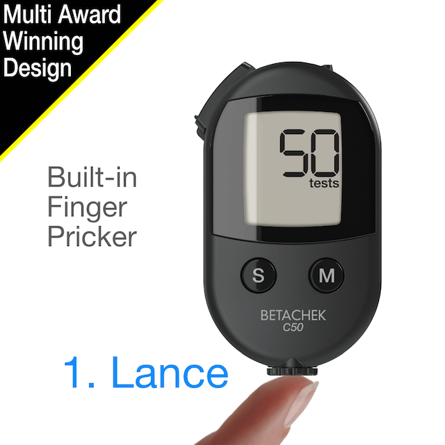 BETACHEK C50 All-in-One blood glucose meter with built-in finger pricker and 50 test cassette - Multi-Award Winning Design 
