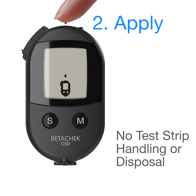 Betachek C50 All-in-One Blood Glucose Meter. No Test Strip Handling or Disposal. 